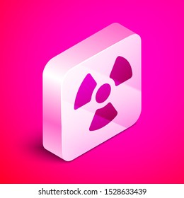 Isometric Radioactive icon isolated on pink background. Radioactive toxic symbol. Radiation Hazard sign. Silver square button. Vector Illustration