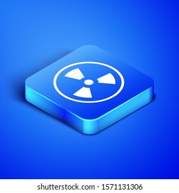 Isometric Radioactive icon isolated on blue background. Radioactive toxic symbol. Radiation Hazard sign. Blue square button. Vector Illustration