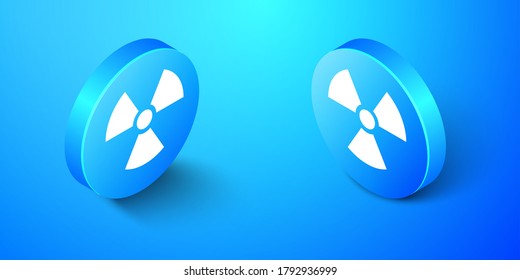 Isometric Radioactive icon isolated on blue background. Radioactive toxic symbol. Radiation Hazard sign. Blue circle button. Vector
