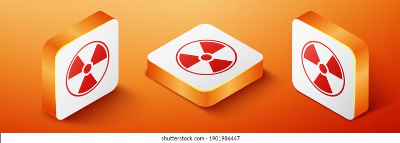 Icono radioactivo isométrico aislado en el fondo naranja. Símbolo radioactivo tóxico. Signo de peligro de radiación. Botón cuadrado naranja. Vector.