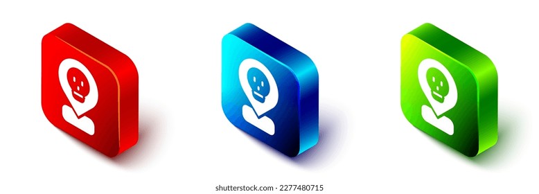 Isometric Radioactive in location icon isolated on white background. Radioactive toxic symbol. Radiation Hazard sign. Red, blue and green square button. Vector