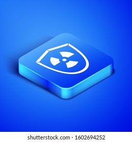 Isometric Radioactive in shield icon isolated on blue background. Radioactive toxic symbol. Radiation Hazard sign. Blue square button. Vector Illustration
