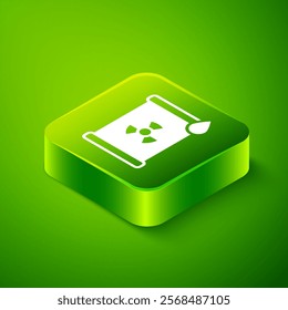 Isometric Radioactive waste in barrel icon isolated on green background. Toxic refuse keg. Radioactive garbage emissions, environmental pollution. Green square button. Vector