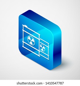Isometric Radioactive waste in barrel line icon isolated on white background. Toxic refuse keg. Radioactive garbage emissions, environmental pollution. Blue square button. Vector Illustration