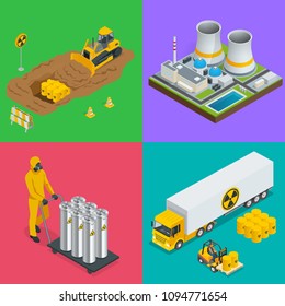 Isometric Radioactive waste elements. Vector hazard and radiation vector illustrations.