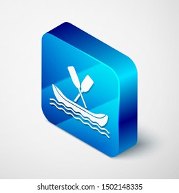 Isometric Rafting boat icon isolated on white background. Kayak with paddles. Water sports, extreme sports, holiday, vacation, team building. Blue square button. Vector Illustration