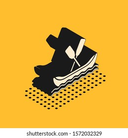 Isometric Rafting boat icon isolated on yellow background. Kayak with paddles. Water sports, extreme sports, holiday, vacation, team building.  Vector Illustration