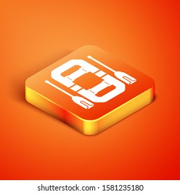 Isometric Rafting boat icon isolated on orange background. Inflatable boat with oars. Water sports, extreme sports, holiday, vacation, team building.  Vector Illustration