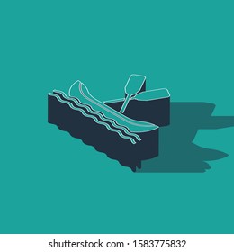 Isometric Rafting boat icon isolated on green background. Kayak with paddles. Water sports, extreme sports, holiday, vacation, team building.  Vector Illustration