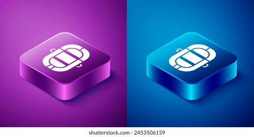 Isometric Rafting boat icon isolated on blue and purple background. Inflatable boat. Water sports, extreme sports, holiday, vacation. Square button. Vector Illustration