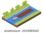 Isometric Rafting of timber logs on the river is a traditional method of transporting wood by water. Logs float downstream in timber rafts or log booms, guided by tugboats, to their destination.