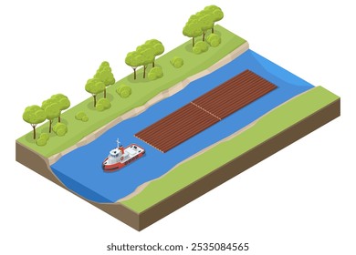 Isometric Rafting of timber logs on the river is a traditional method of transporting wood by water. Logs float downstream in timber rafts or log booms, guided by tugboats, to their destination.