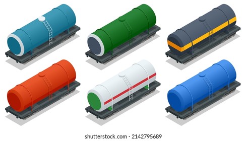 Isometric Rail Oil Gasoline Tanker Car. Transporte de envío de carga. Tanque de ferrocarril para combustible. Transporte de mercancías por ferrocarril. Tanque ferroviario para el transporte de productos petrolíferos.