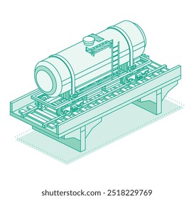 Coche isométrico del tanque del ferrocarril en el puente. Objeto aislado sobre fondo blanco. Ferrocarril. Ilustración vectorial. Carro sobre rieles. Transporte ferroviario de Industrial. Coche de ferrocarril de carga.