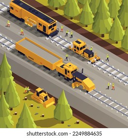 Isometric railroad track laying process with railway machinery and working people 3d vector illustration