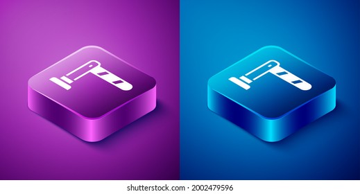 Isometric Railway barrier icon isolated on blue and purple background. Square button. Vector