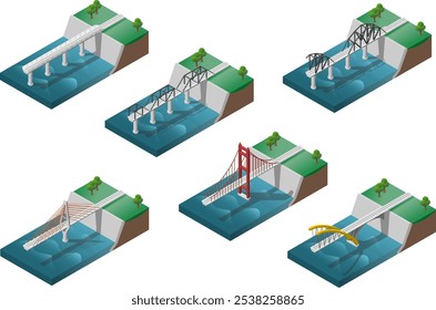 Isometric railway bridge styles over water body