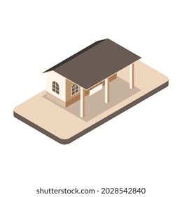Isometric railway composition with isolated view of small train station building vector illustration