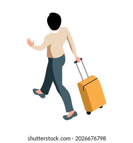 Isometric Railway Composition With Walking Person Carrying Suitcase Vector Illustration