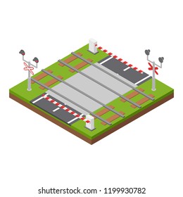 Isometric Railway Crossing With Two Railway Tracks, Road, Automatic Barriers, Traffic Lights. 3d Constructor.