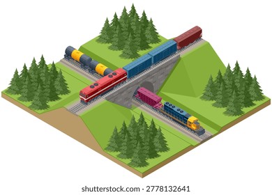 Isometric railway landscape featuring a multi-level intersection. A freight train crosses a stone bridge while another passes through a tunnel, depicting complex transport infrastructure.