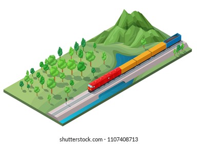 Isometric Railway Logistic Transportation Concept With Moving Freight Train On Nature Landscape Isolated Vector Illustration