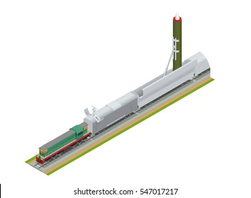 Isometric railway rolling combat missile system (BZHRK) with intercontinental military missiles. Ghost train or number zero. Firing range 10100 km. 