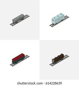 Isometric Railway Set Of Lumber Shipping, Subway Vehicle, Railroad Carriage And Other Vector Objects. Also Includes Railway, Wagon, Petroleum Elements.