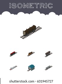 Isometric Railway Set Of Train, Delivery Tank, Lumber Shipping And Other Vector Objects. Also Includes Railway, Underground, Tank Elements.