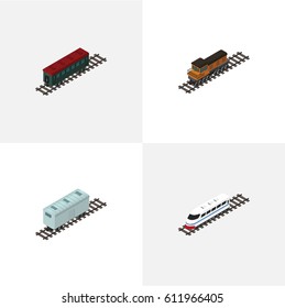 Isometric Railway Set Of Underground, Train, Railroad Carriage And Other Vector Objects. Also Includes Metal, Railway, Carriage Elements.