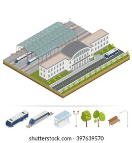 Isometric Railway Station Building With Terminal. City Train, Bus. Vector Flat 3d Illustration