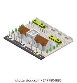 Isometric railway station illustrated on white background