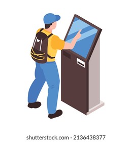 Composición de la estación ferroviaria isométrica con vistas a la compra de billetes de pasajeros masculinos en terminal con ilustración de vector de pantalla táctil