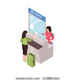 Isometric Railway Station Train Composition With Isolated View Of Ticket Office Desk With Worker And Passenger Vector Illustration