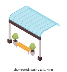 Composición de la estación ferroviaria isométrica con imagen aislada del refugio de lluvia con banco en el fondo blanco ilustración vectorial