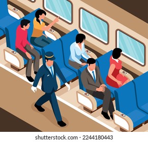 Interior del vagón de tren isométrico con pasajeros en sus asientos y ilustración vectorial 3d de macho o conductor