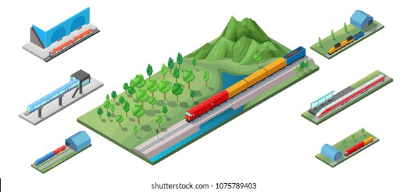 Isometric railway transport concept with cargo freight high speed passenger trains locomotive and subway isolated vector illustration