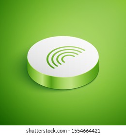 Isometric Rainbow with clouds icon isolated on green background. White circle button. Vector Illustration
