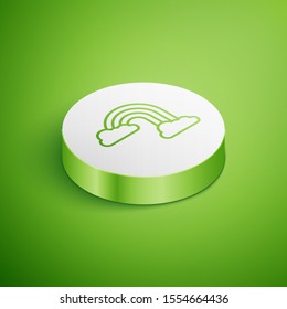 Isometric Rainbow with clouds icon isolated on green background. White circle button. Vector Illustration