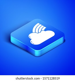 Isometric Rainbow with clouds icon isolated on blue background. Blue square button. Vector Illustration