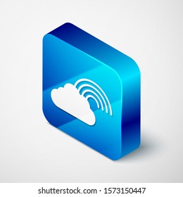 Isometric Rainbow with clouds icon isolated on white background. Blue square button. Vector Illustration