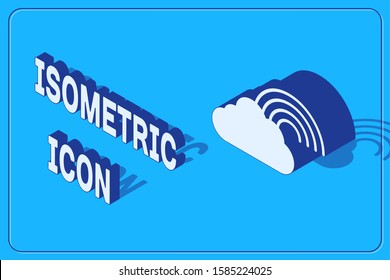 Isometric Rainbow with clouds icon isolated on blue background.  Vector Illustration