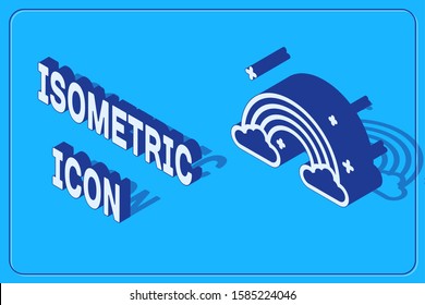 Isometric Rainbow with clouds icon isolated on blue background.  Vector Illustration