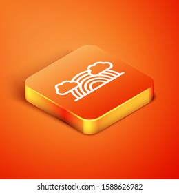 Isometric Rainbow with clouds icon isolated on orange background.  Vector Illustration