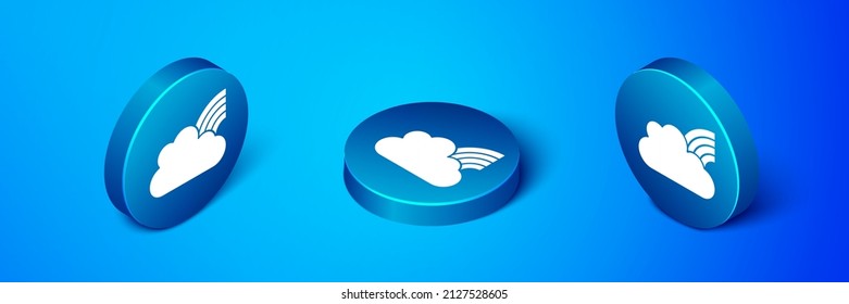 Isometric Rainbow with clouds icon isolated on blue background. Blue circle button. Vector