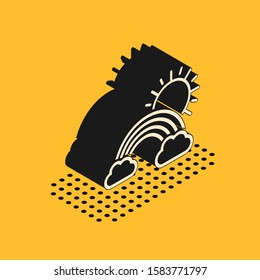 Isometric Rainbow with clouds and sun icon isolated on yellow background.  Vector Illustration