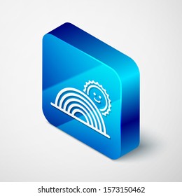 Isometric Rainbow with sun icon isolated on white background. Blue square button. Vector Illustration