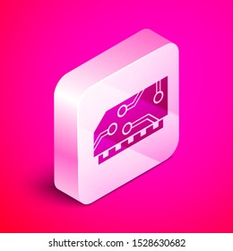 Isometric RAM, random access memory icon isolated on pink background. Silver square button. Vector Illustration