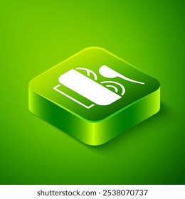 Isometric Ramen soup bowl with noodles icon isolated on green background. Bowl of traditional asian noodle soup. Green square button. Vector