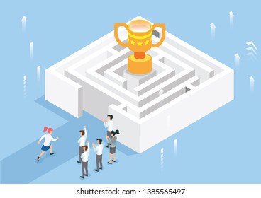 isometric ran towards the target, Business Concept Simple Vector of Overcome Obstacles to Success. - Vector illustration